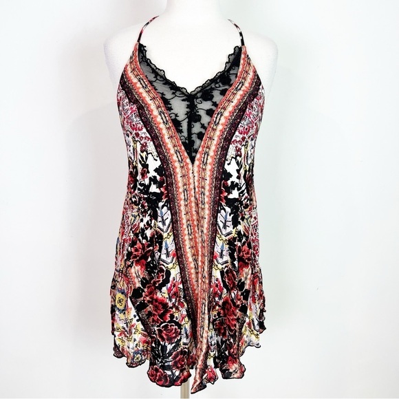 FREE PEOPLE BLACK RED ORANGE BOHO PATTERN FLOWY SLEEVELESS RACER BACK DRESS XS - Picture 4 of 9